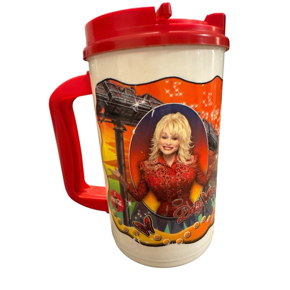 2003 Dolly Parton Coca-Cola 32 oz Insulated Travel Mug Red‎ Lid Handle Cup